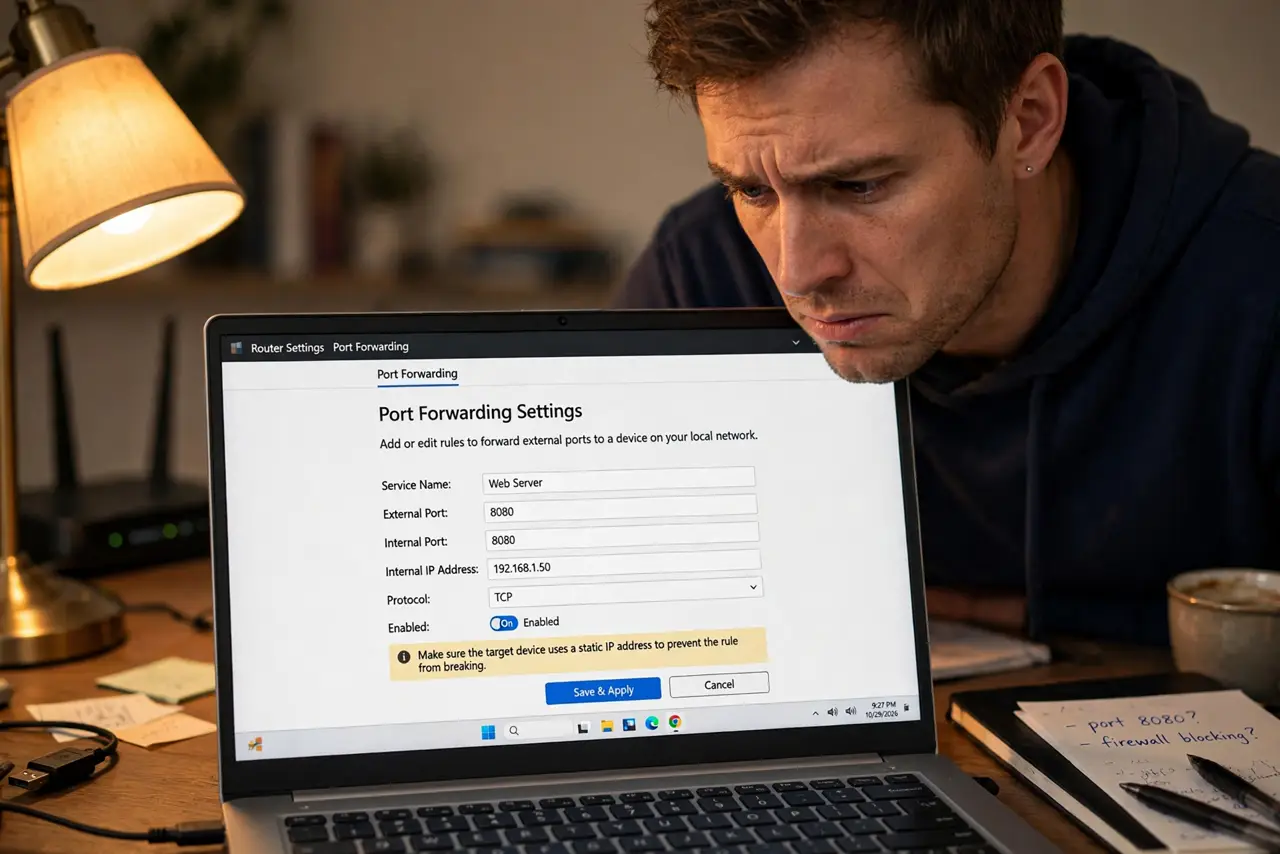 A person looking frustrated at a real laptop screen showing a router port-forwarding settings page with legible fields, the person's face puzzled, desk lamp light.