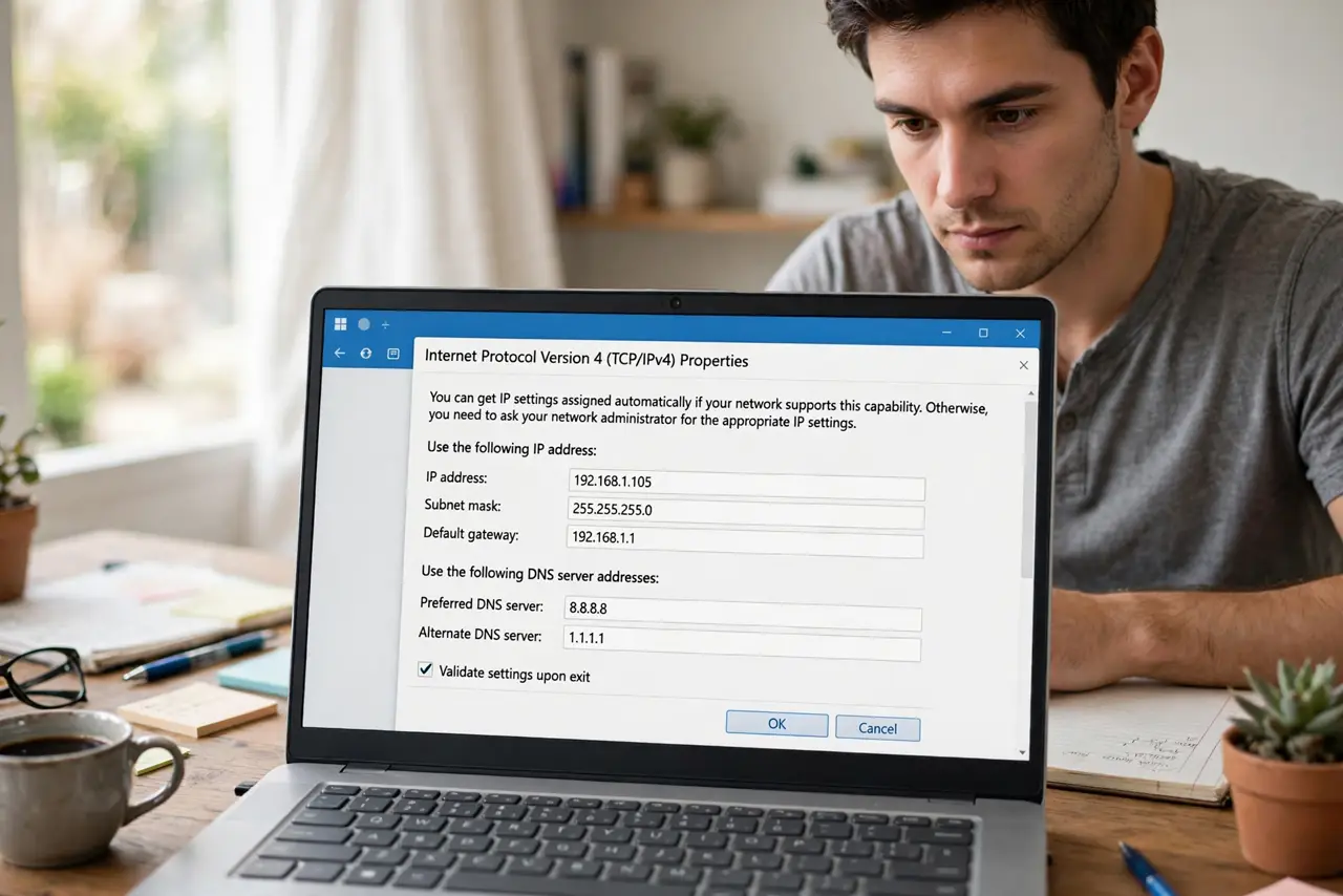 A person looking at a real laptop showing network adapter DNS settings with legible numbers, the person's face focused, home office desk.