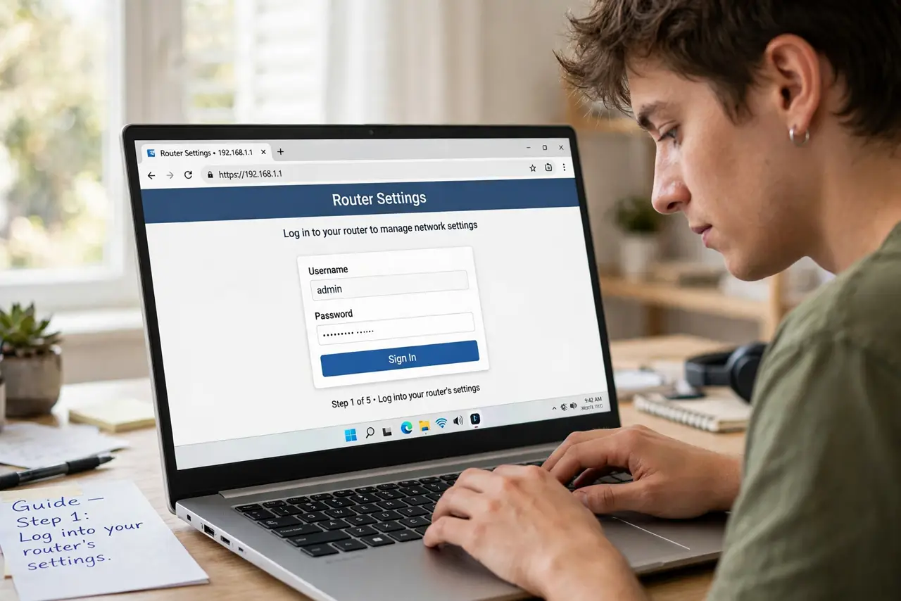 A person doing the guide's first step: Log into your router's settings.