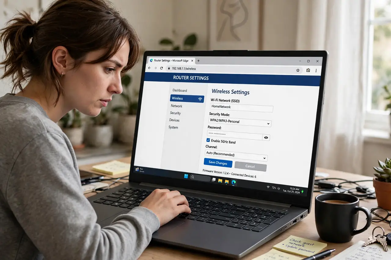 A person typing on a real laptop showing a router wireless settings page with a password field visible, the person's face determined, home desk.
