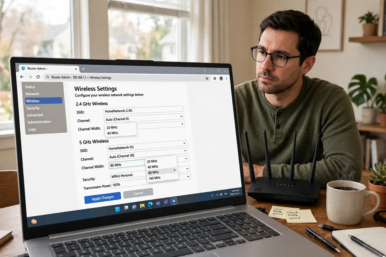 A person looking at a laptop showing router wireless settings with channel width options legible, router on the desk beside them, face thoughtful, home office.