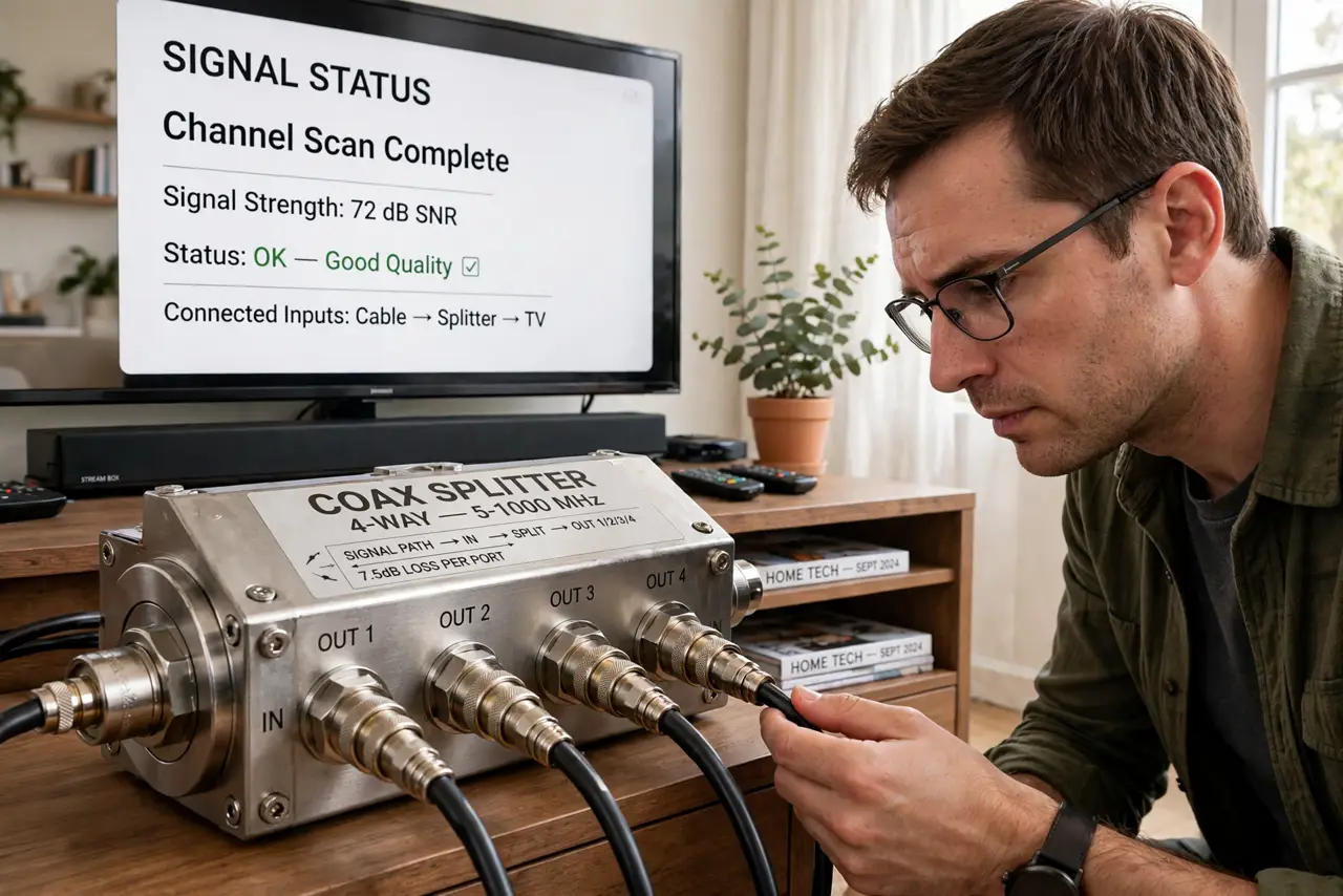 A person examining a real metal coax splitter with cables connected, signal path visible, the person's face investigative, near a home entertainment setup.