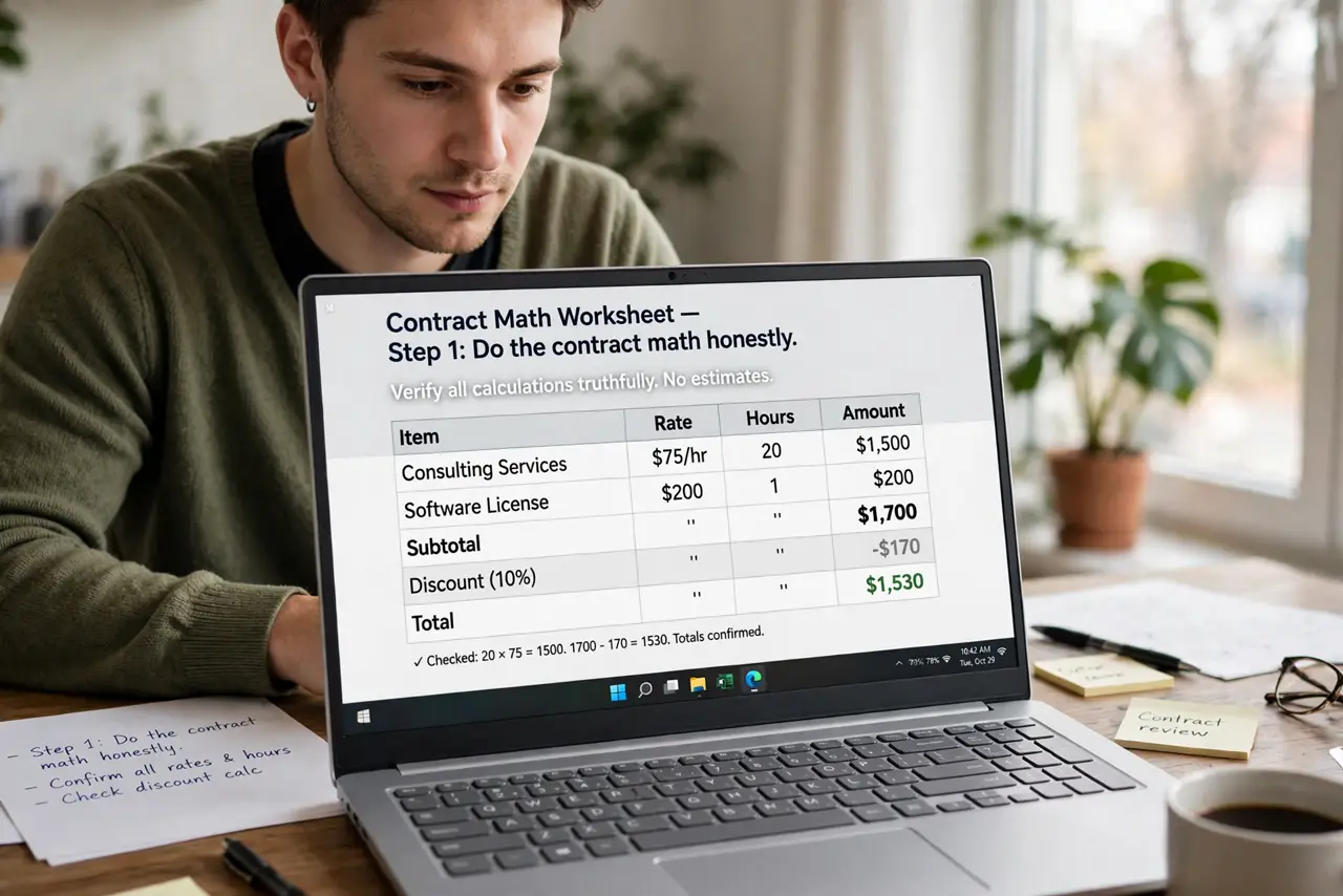 A person doing the guide's first step: Do the contract math honestly.