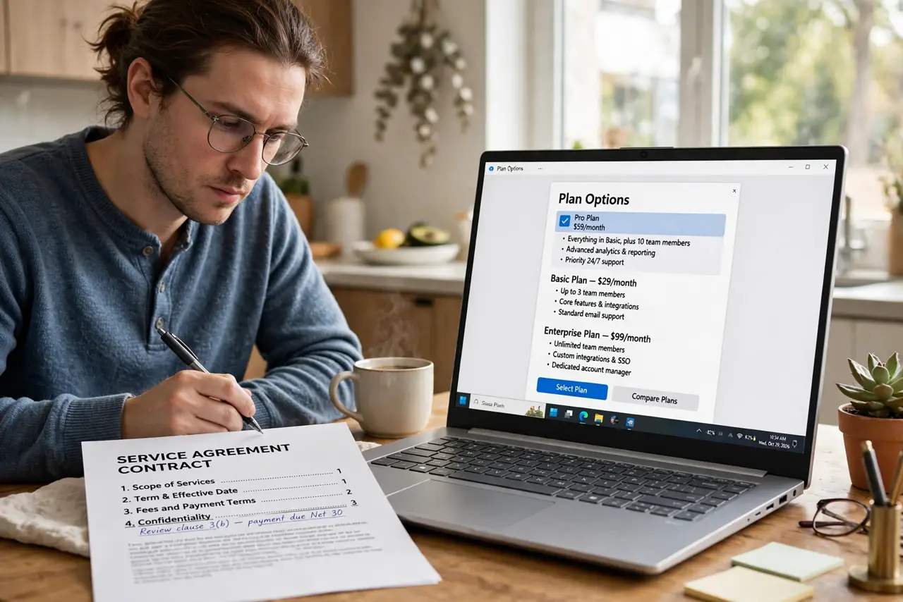 A person at a kitchen table reading a real printed contract with a pen in hand, a real laptop showing plan options beside them, the person's face careful, daylight.