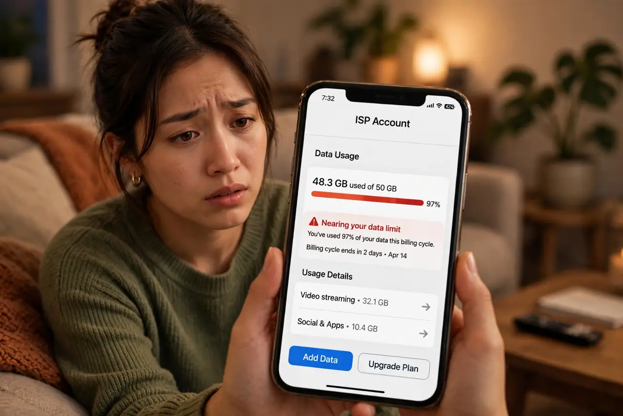 A person looking worried at a real iPhone showing an ISP account app with a data usage bar nearly full, the person's face concerned, couch evening.