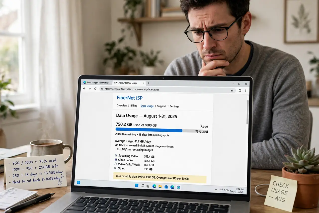 A person looking at a real laptop showing an ISP account page with a data usage meter legible on screen, the person's face concerned doing mental math, home…