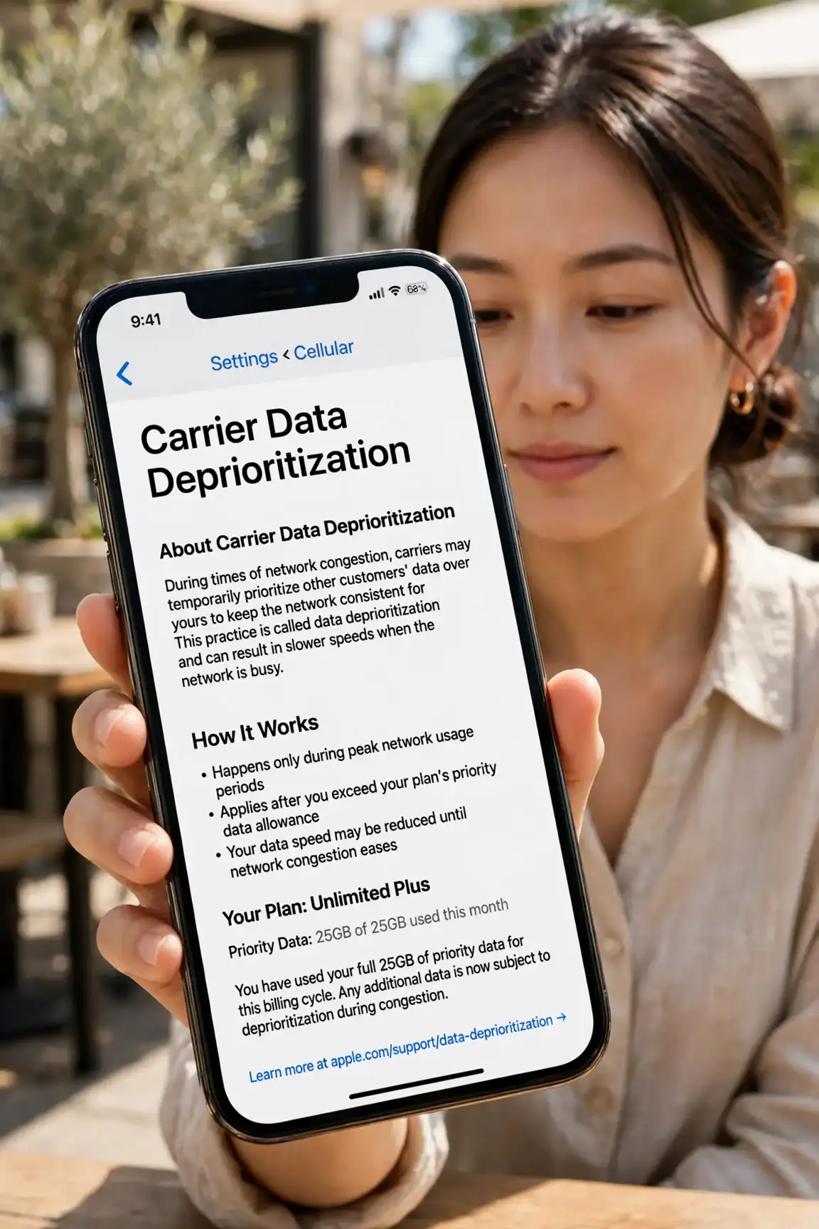 Photoreal photo of a person performing the first step: Understand what deprioritization is. Carriers sell more data than towers can deliver at peak. To cope, heavy users get temporarily lower priority duri...