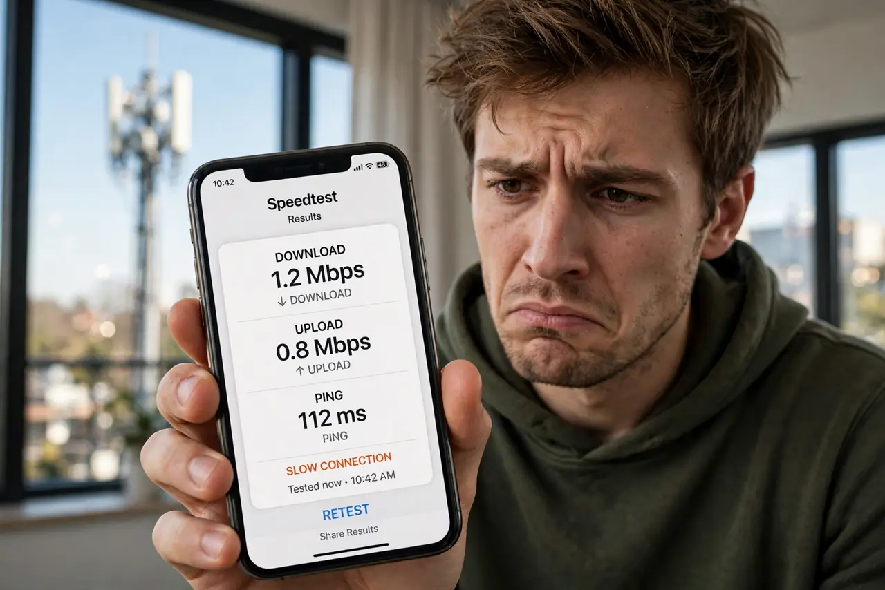 Photoreal photo: a frustrated person holding a real phone showing a legible slow speed test result, a cell tower visible through a window behind, the person's face annoyed. No black screen, no blank white screen, no fake