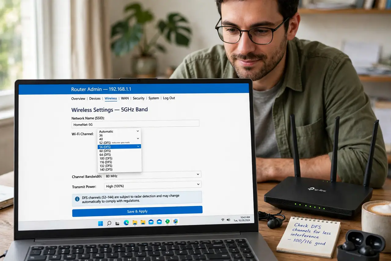 Photoreal photo: a focused person at a desk viewing a real laptop screen showing a router admin page with a legible Wi-Fi channel dropdown including DFS channels, a real Wi-Fi router beside the laptop, the person's face