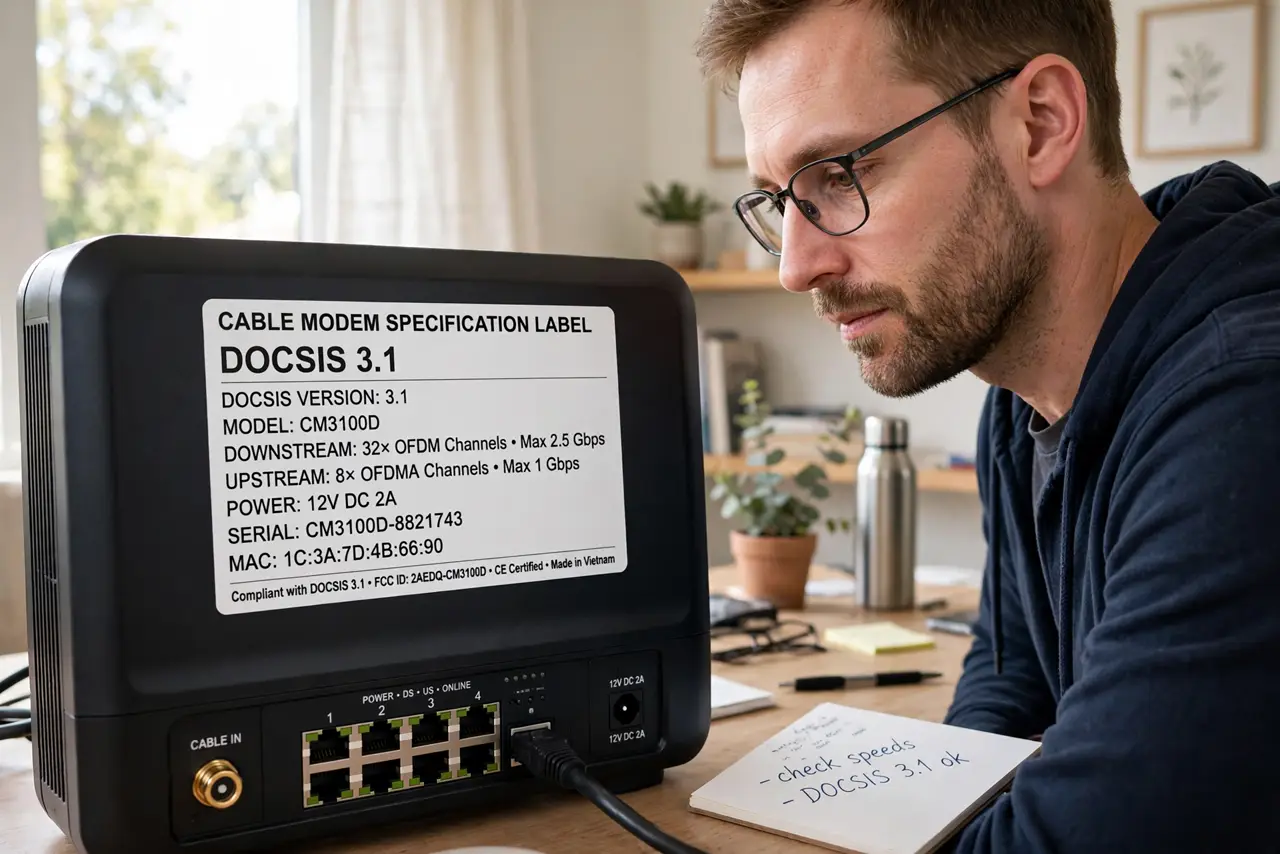 A person reading the specification label on a real cable modem, the DOCSIS version text visible, the person's face understanding, home office.