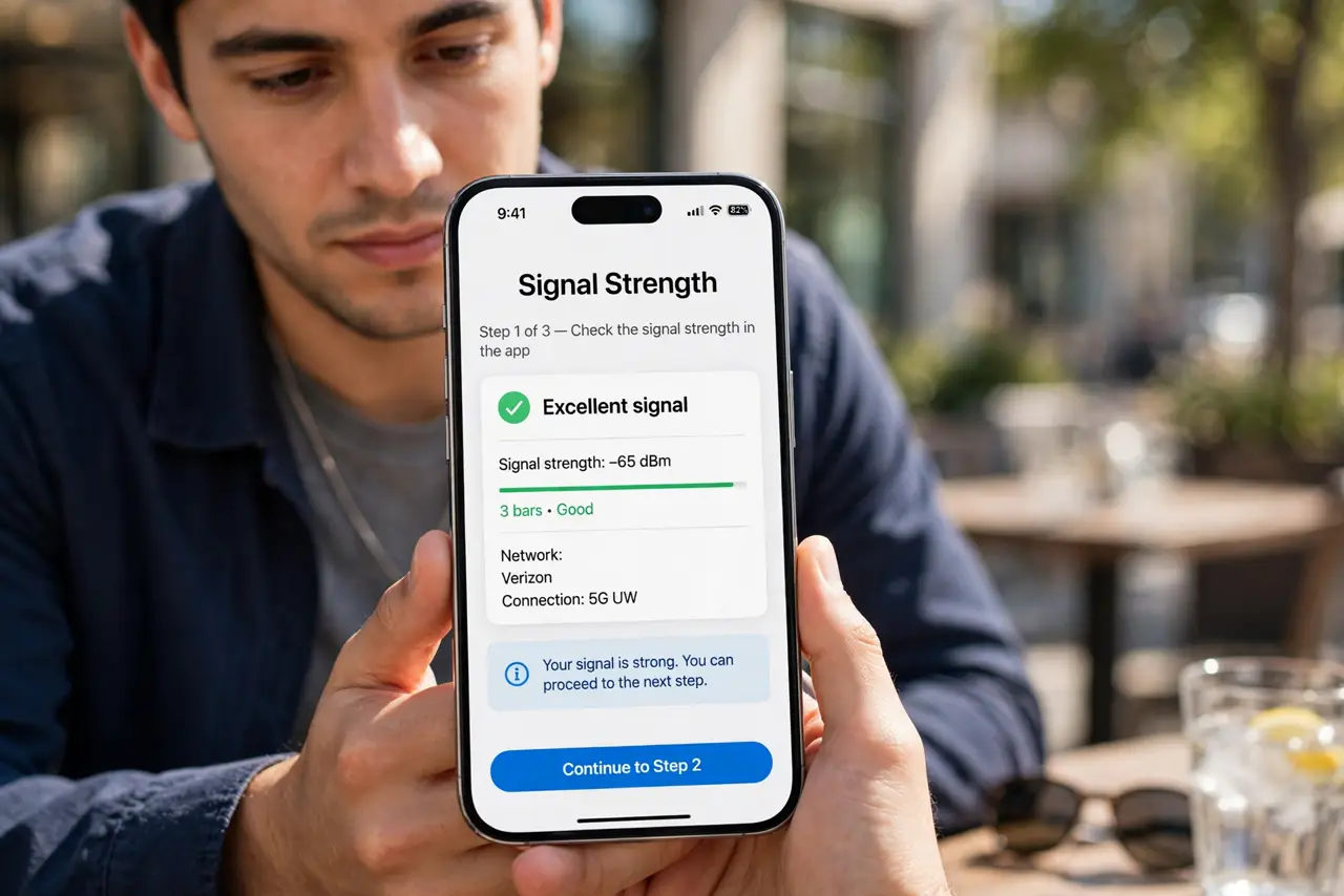 A person doing the guide's first step: Check the signal strength in the app.