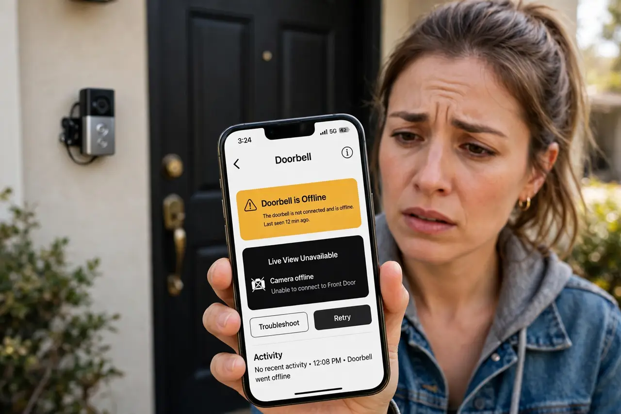 A person holding a real iPhone showing a video doorbell app with an offline warning on screen, a video doorbell mounted on the wall beside the front door, the person's face concerned, daylight.