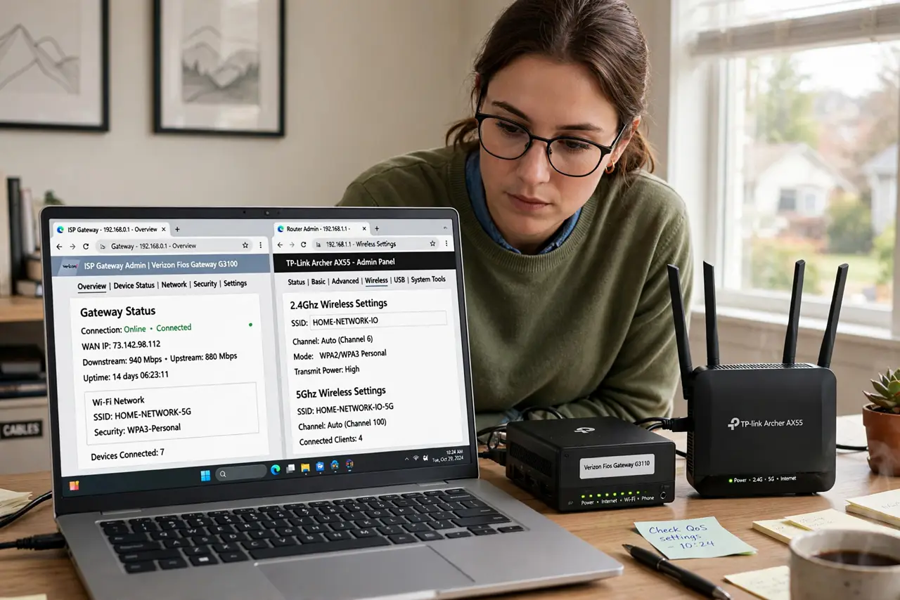 A person looking at a real laptop showing router admin pages in two browser tabs with legible text, an ISP gateway box and a personal router side by side on the desk, the person's face focused, home.