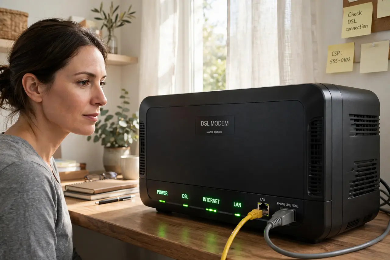 A person looking at a real DSL modem with phone-line cable connected, indicator lights visible, the person's face neutral, home office corner.