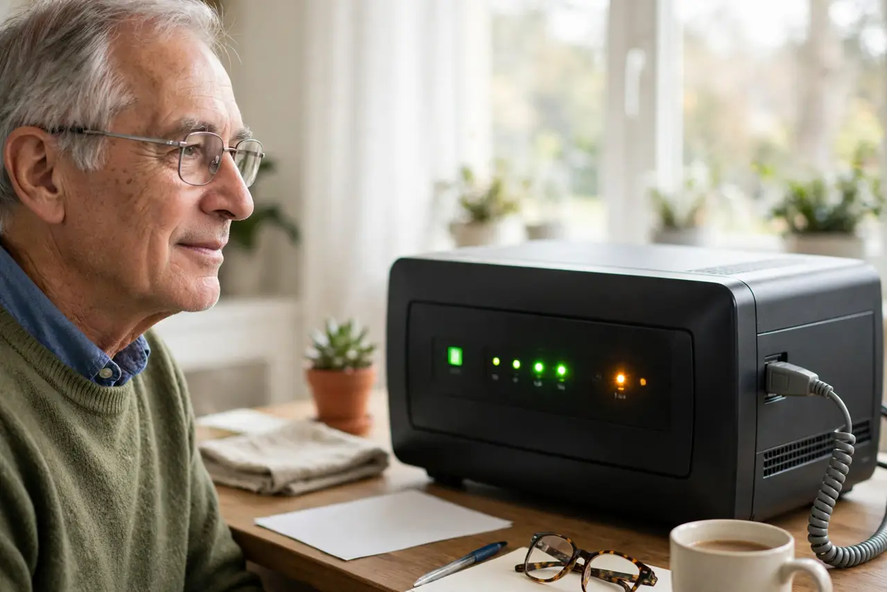 An older person looking at a real DSL modem with phone line connected and blinking lights, the person's face calm, home office desk.