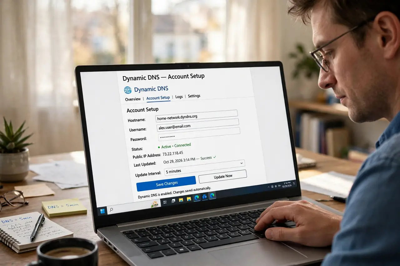 A person at a desk typing on a real laptop showing a dynamic DNS account setup page with legible text, the person's face calm and focused, afternoon light.