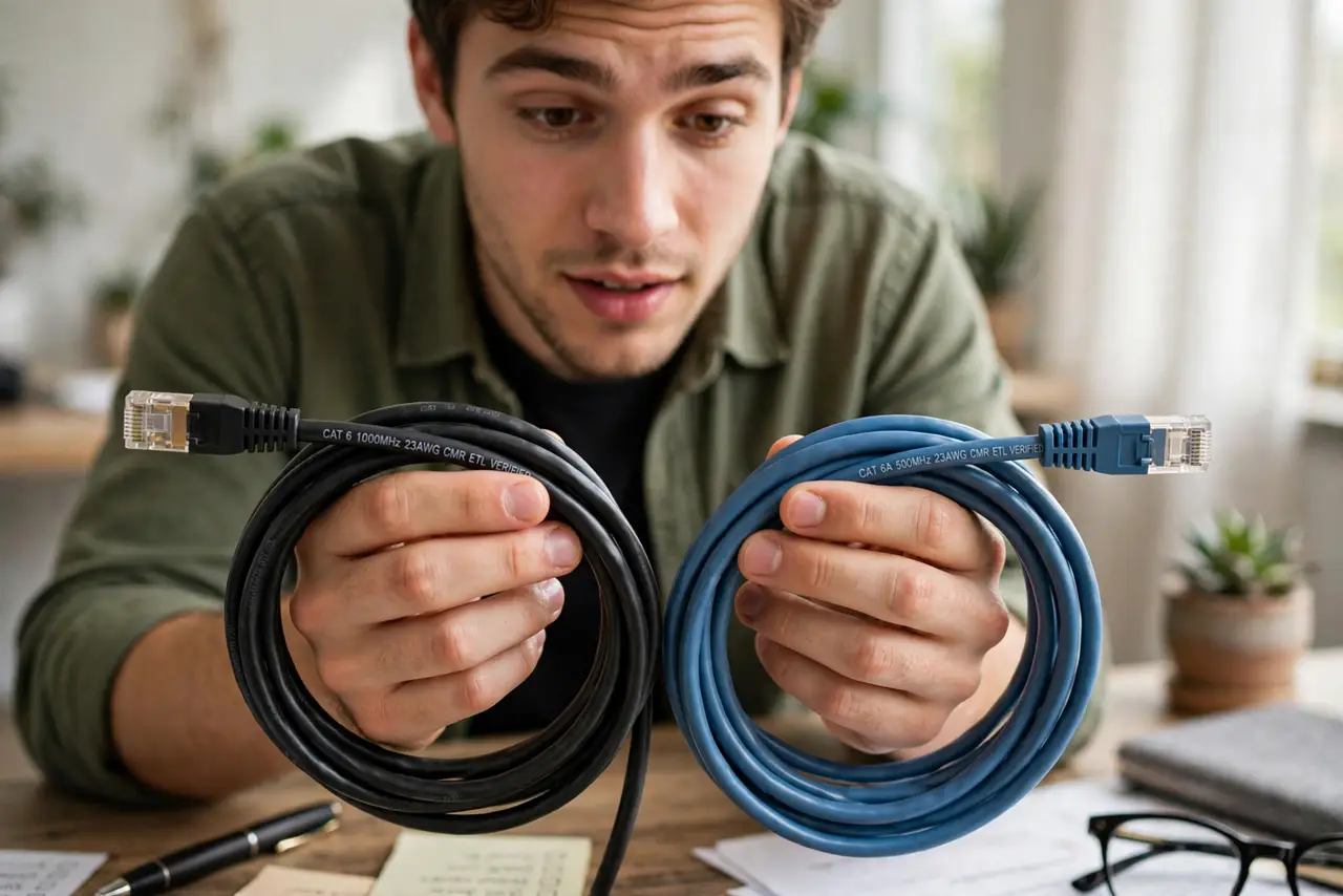 A person holding two real Ethernet cables showing the printed category text on the jackets clearly, comparing them side by side, the person's face curious, desk.