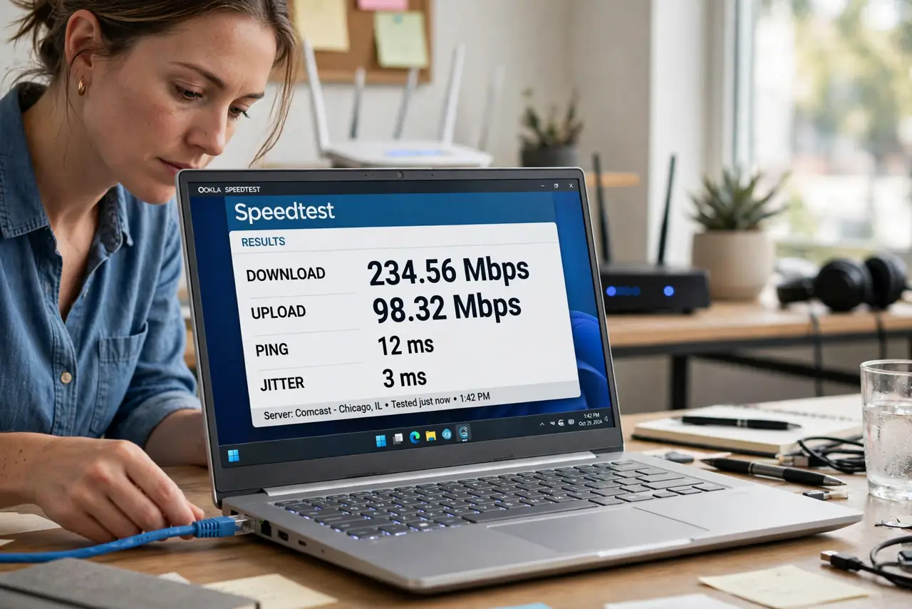 A person at a desk plugging a real blue Ethernet cable into the back of a real laptop, the laptop screen showing a speed test with legible numbers, a Wi-Fi…