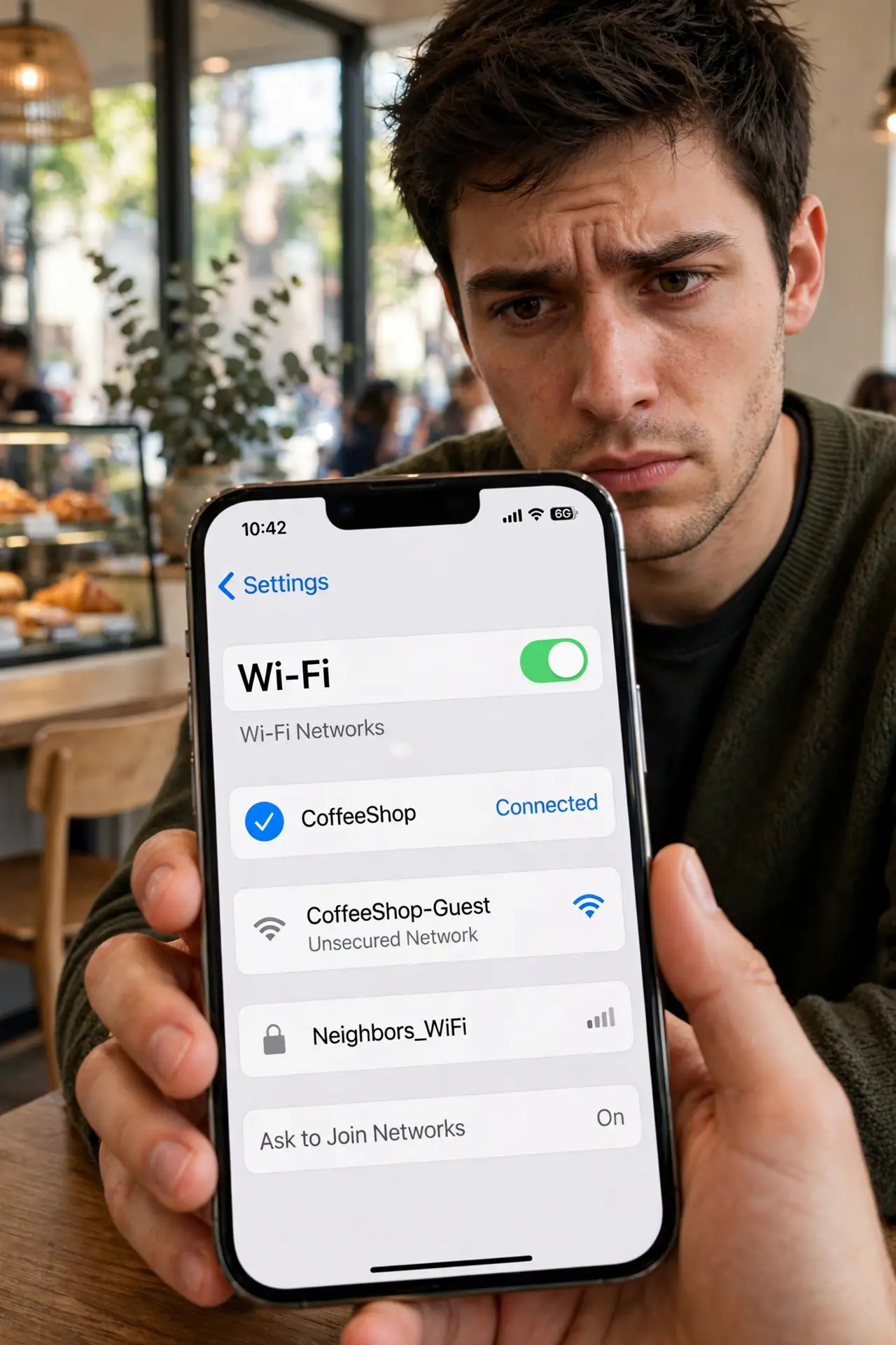A person sitting in a coffee shop holding a real iPhone showing a Wi-Fi network list with two similar network names, the person's face wary, cafe interior daylight.