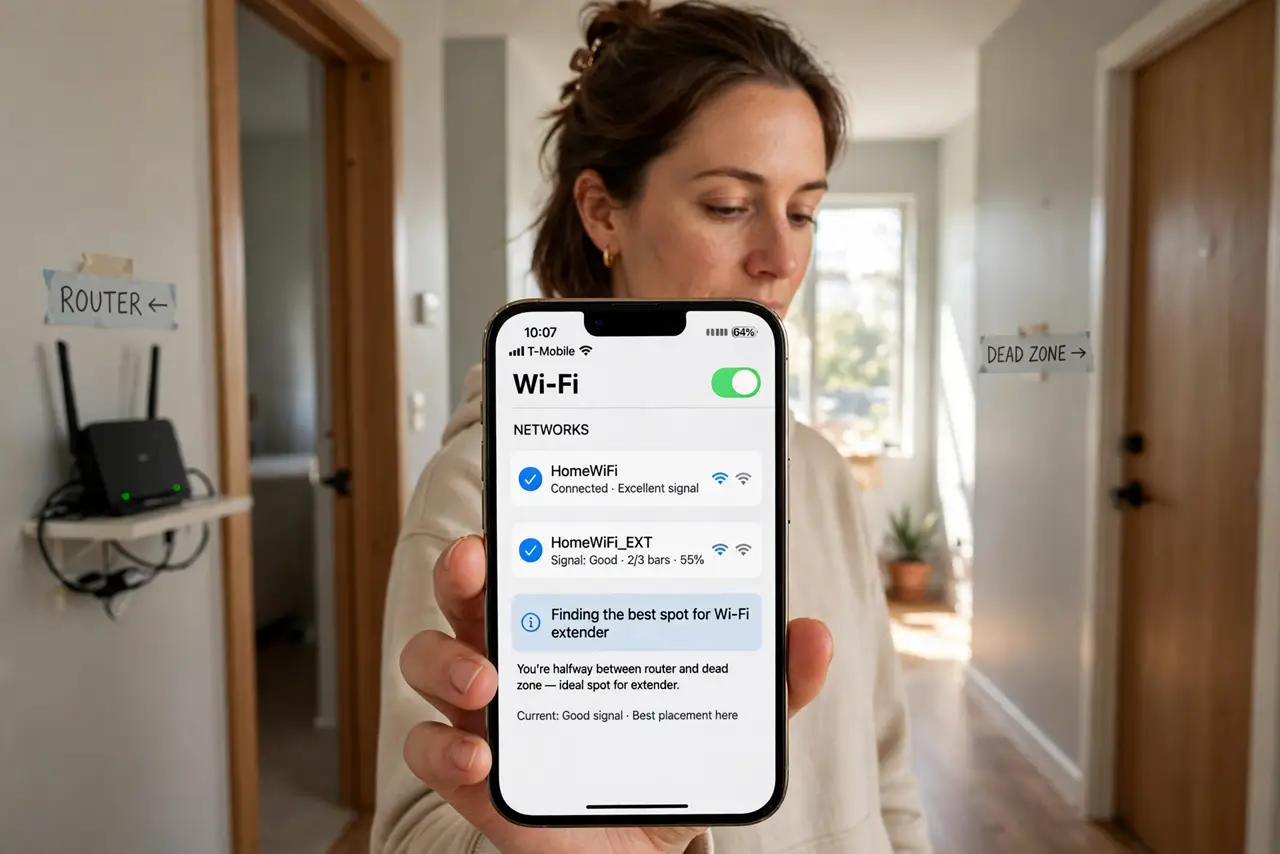 Photoreal photo of a person performing the first step: Place it halfway, not in the dead zone. The extender needs a decent signal to repeat — put it where your phone still shows two to three bars, roughly ...