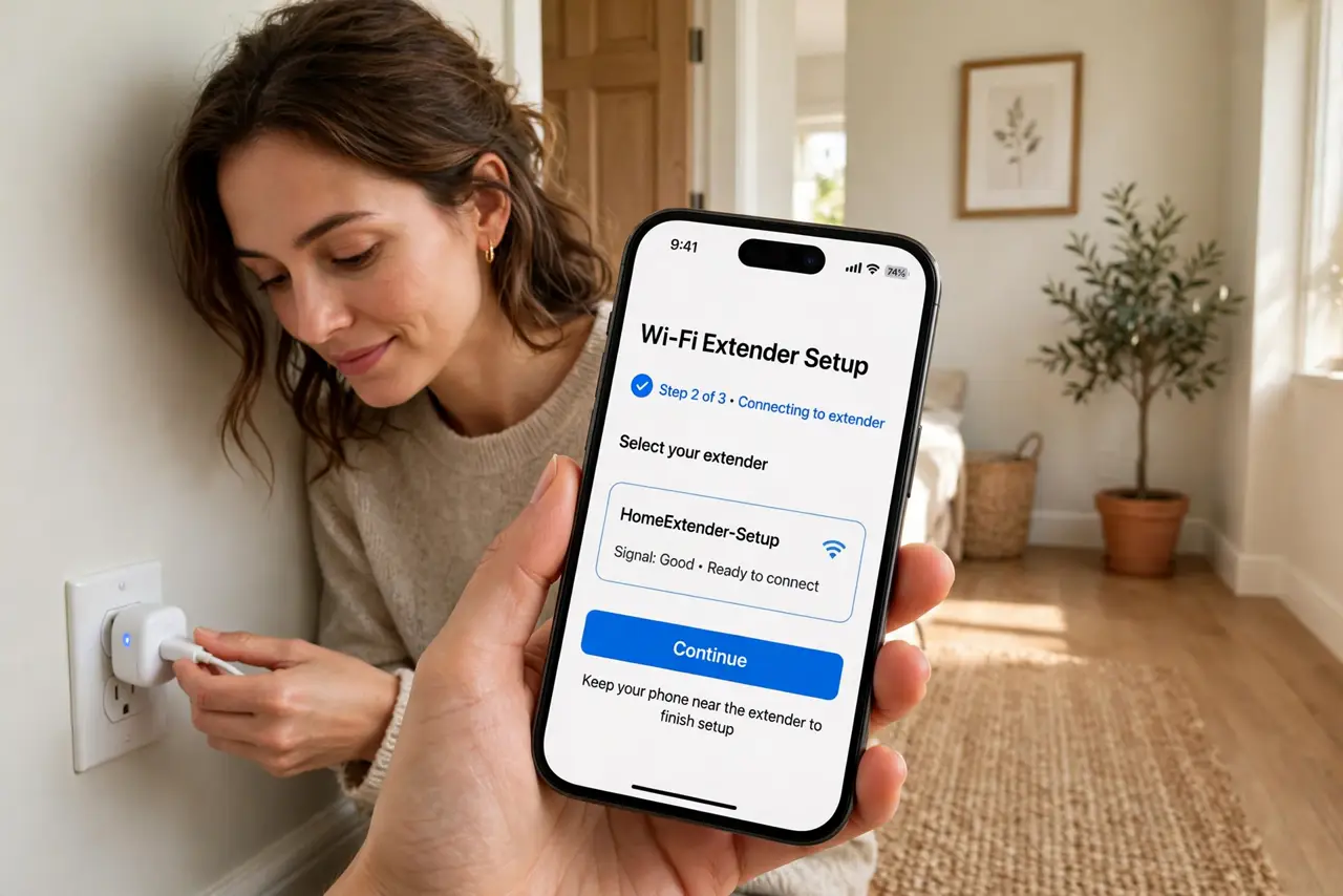 Photoreal photo: a person plugging a small real Wi-Fi extender into a wall outlet in a hallway, phone in hand showing a setup app with legible text, the person's face focused, home interior. No black screen, no blank whi