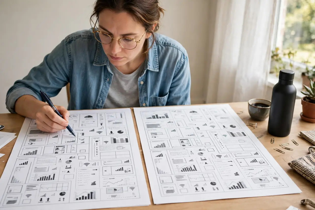 A person comparing two real printed broadband label sheets side by side on a table, pointing at one with a pen, the person's face analytical, daylight.