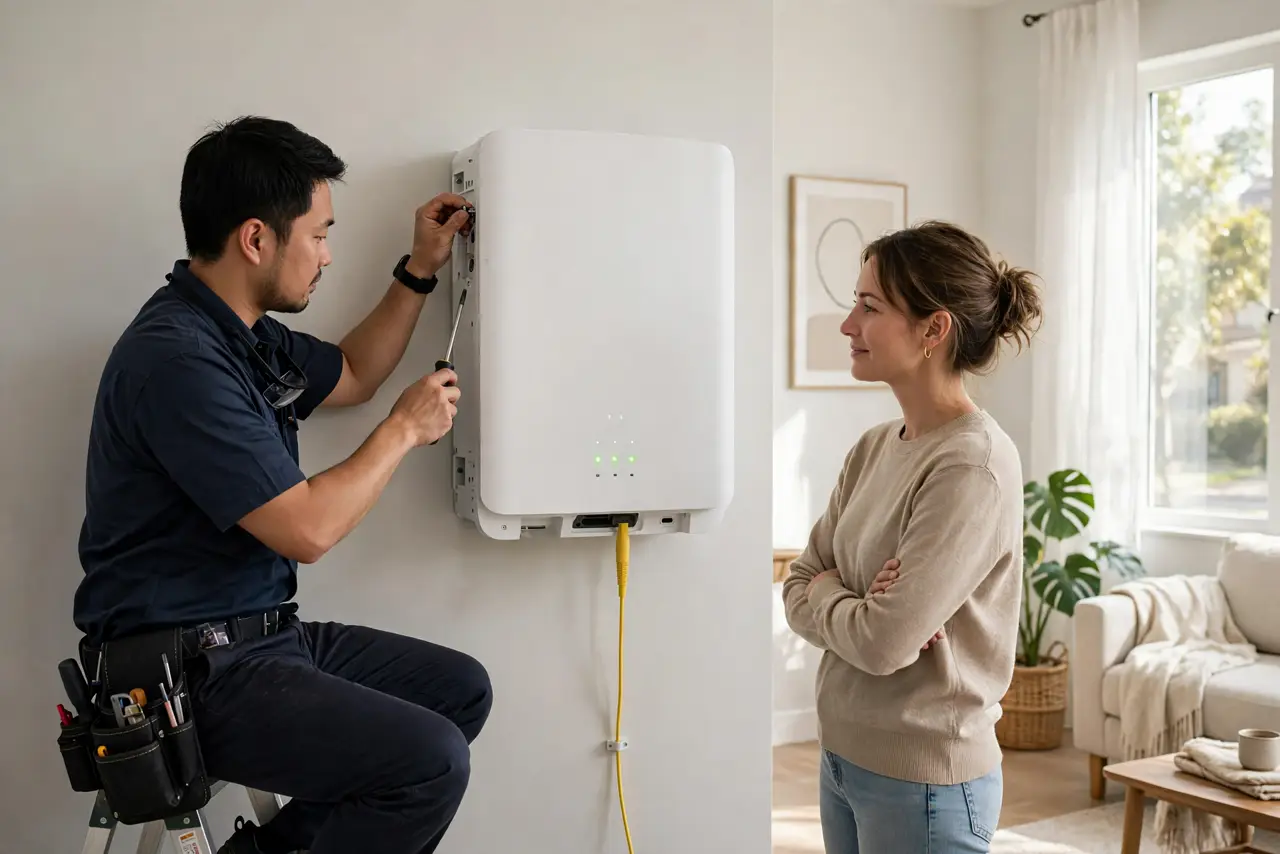 A technician installing a small white ONT box on a living room wall, fiber cable visible, a homeowner watching nearby, both faces calm, bright living room.