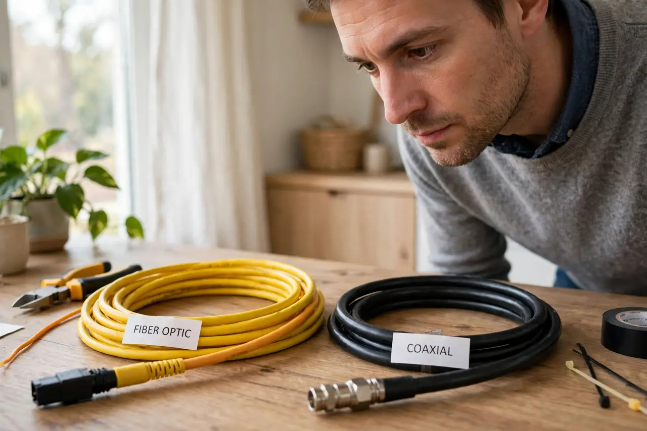 A person looking at a real fiber optic cable and a real coaxial cable side by side on a table, the person's face thoughtful, bright home interior.