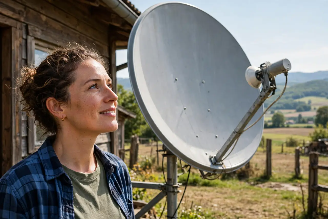 A person looking at a small antenna dish mounted outside a rural house pointing toward distant hills, the person's face hopeful, countryside.