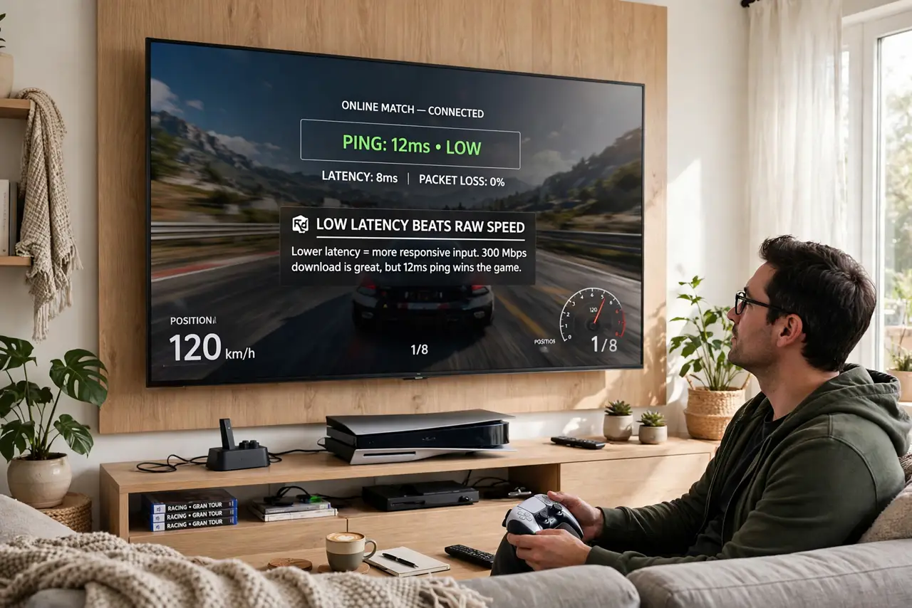 Photoreal photo of a person performing the first step: Understand why latency beats speed. Gaming needs tiny, consistent delays -- not huge bandwidth.