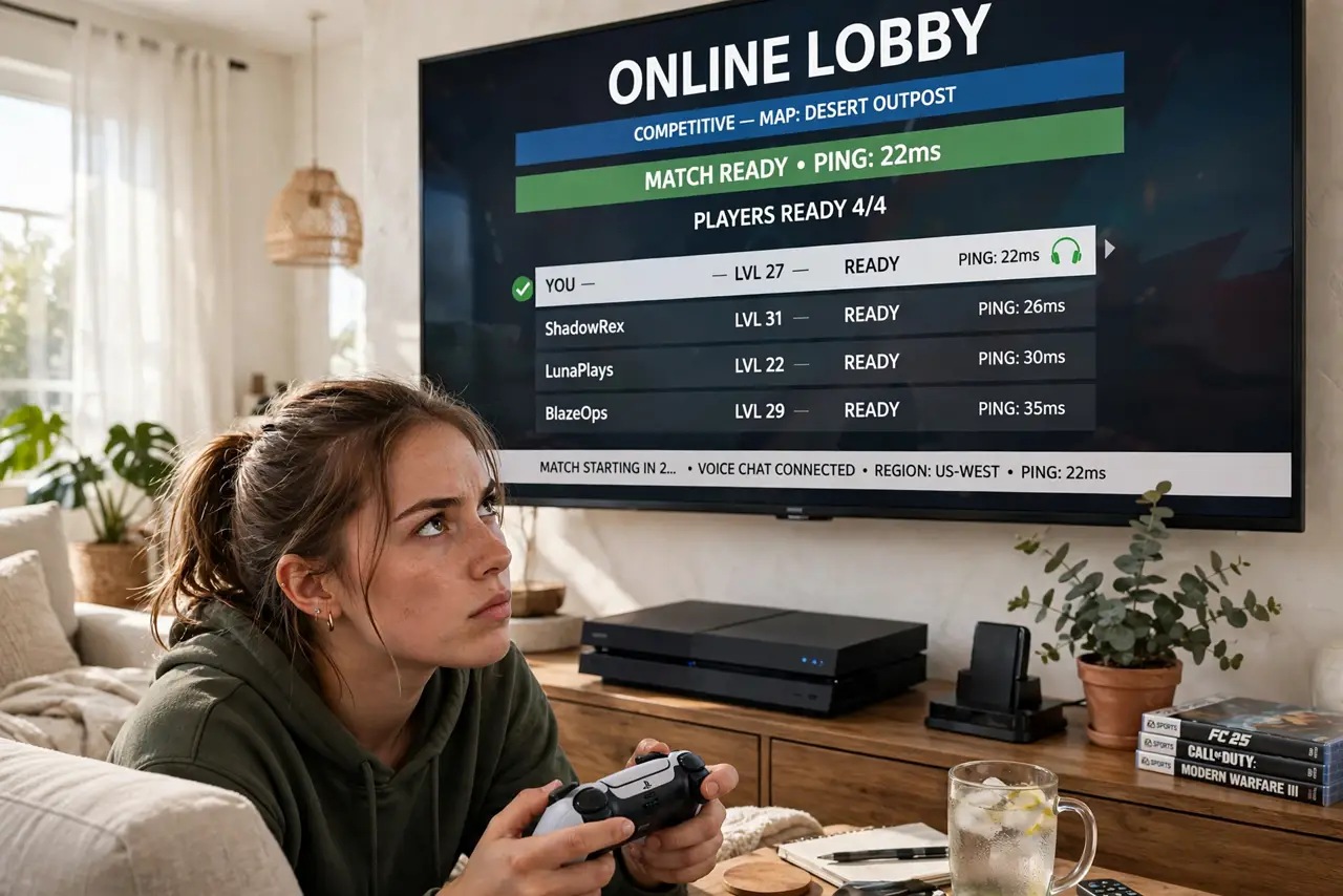 Photoreal photo: a person gaming on a real console with a real TV showing a legible online game lobby and ping readout, the person's face focused and competitive, living room. No black screen, no blank white screen, no fake or garbled