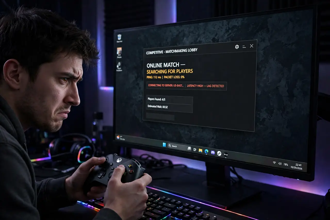 A person gripping a real game controller looking tense at a real monitor showing an online game with a visible ping readout, the person's face frustrated, dim gaming room.