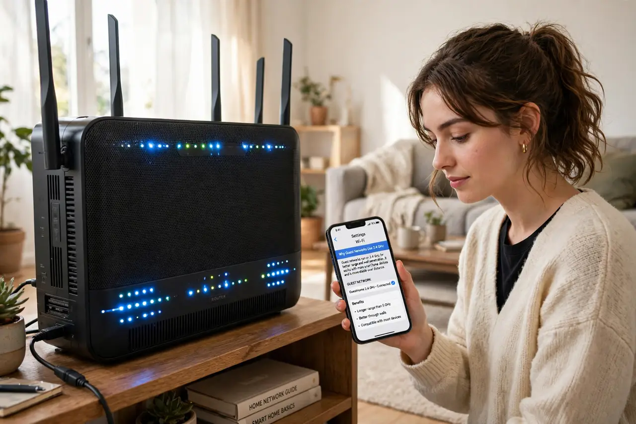 Photoreal photo of a person performing the first step: Understand why guests land on 2.4 GHz. Many routers create the guest network on 2.4 GHz only, b