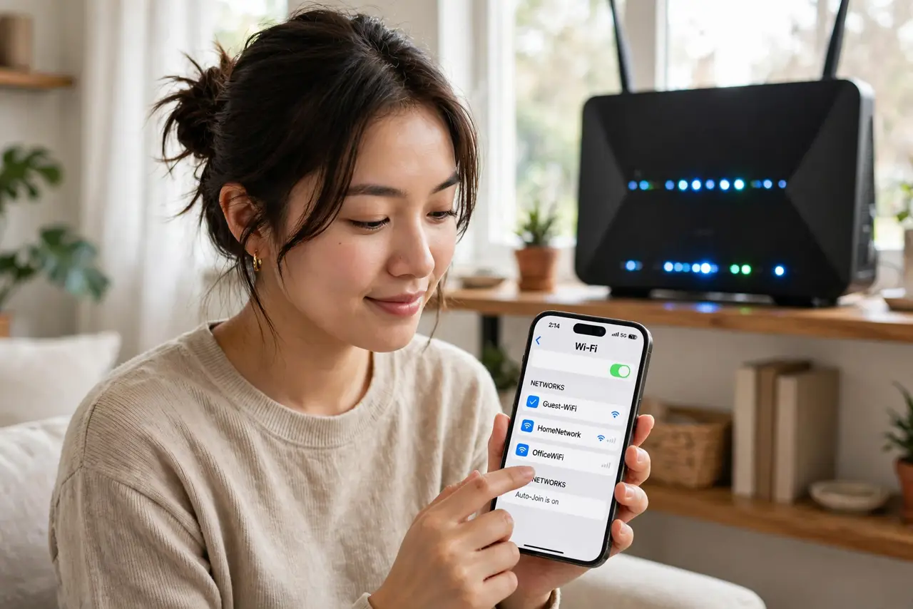 Photoreal photo: a person tapping a real phone showing Wi-Fi settings with a legible guest network name listed, a real router with glowing lights on a shelf behind, the person's face relaxed, living room. No black screen, no blank whi