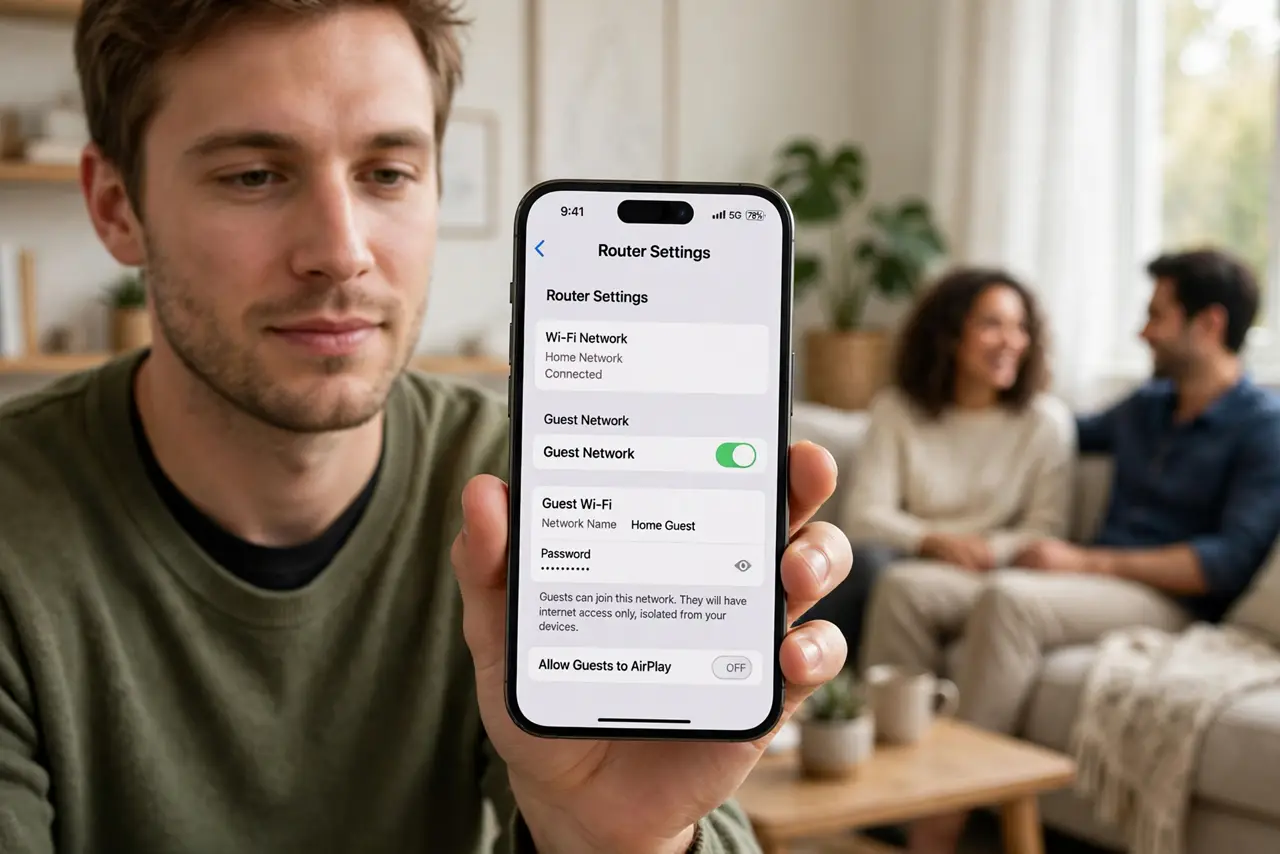 A person holding a real phone showing router settings with a guest network toggle visible in legible text, guests chatting on a couch in the background, the person's face calm, living room.