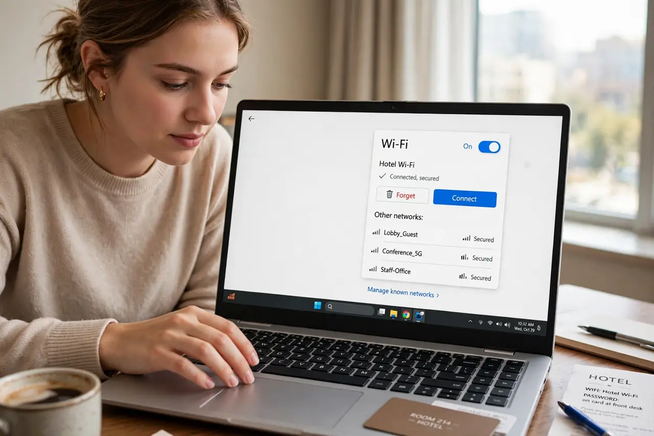 A person carrying out step one: forget and rejoin the network.