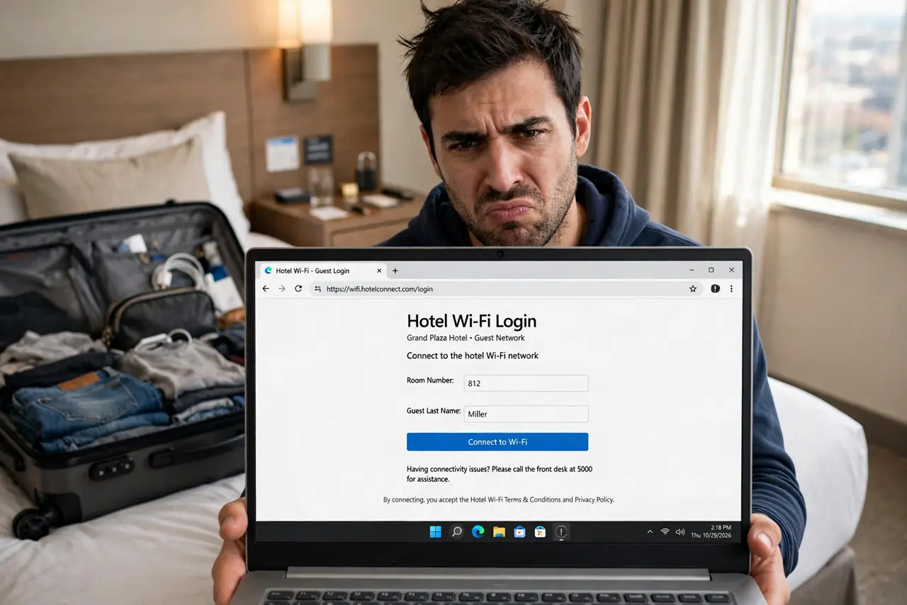 A frustrated person in a real hotel room holding a real laptop showing a hotel Wi-Fi login portal page legible on screen, luggage on the bed behind, the…