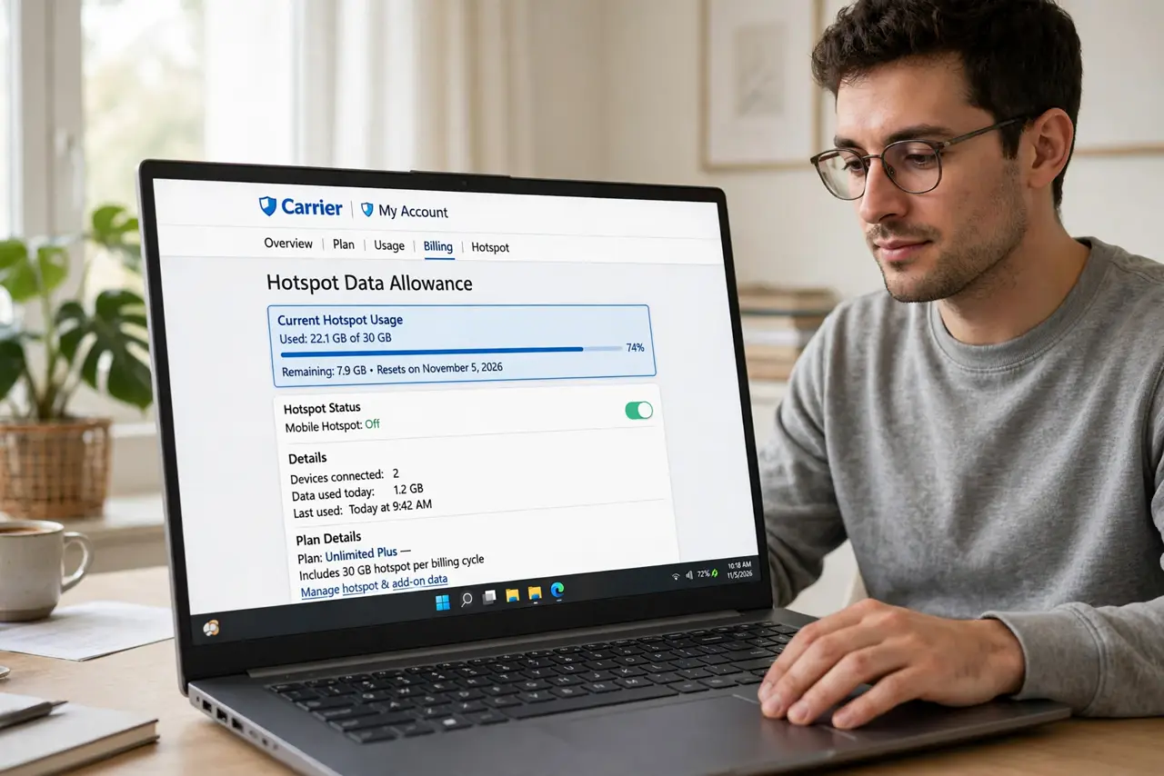 Photoreal photo of a person performing the first step: Find your hotspot allowance. Open your carrier's app and look for the hotspot or tethering line — it is separate from your phone data. Knowing the num...