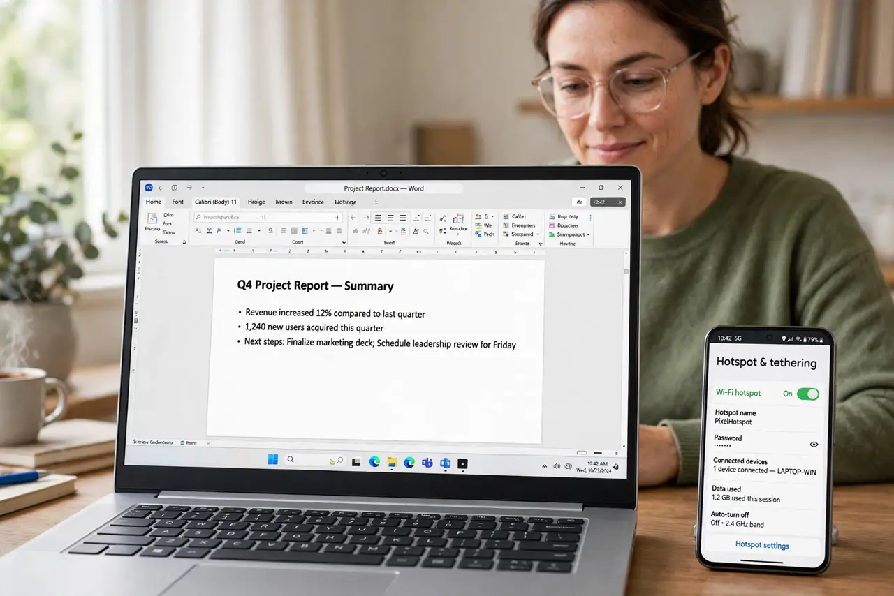 Photoreal photo: a person working on a real laptop tethered to a real phone showing a hotspot active screen with legible status, the person's face focused, home office. No black screen, no blank white screen, no fake or