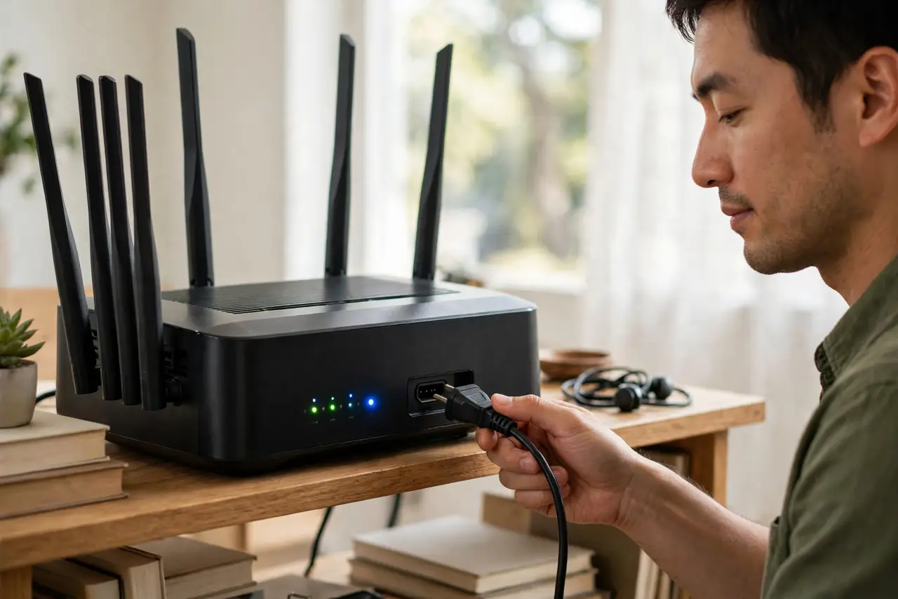 A person unplugging a real router's power cable, the router's lights visible, the person's face calm, home office shelf.