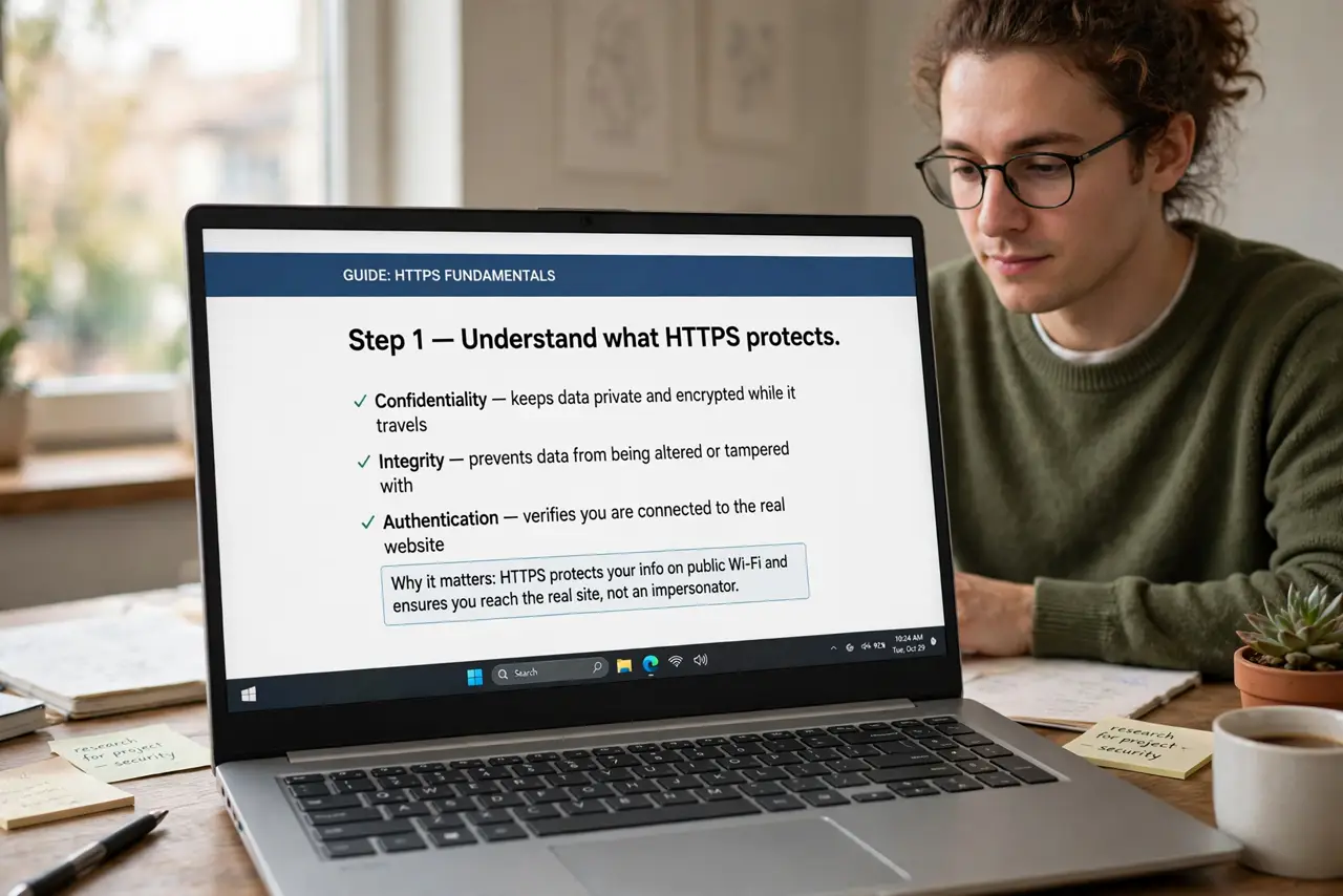 A person doing the guide's first step: Understand what HTTPS protects.