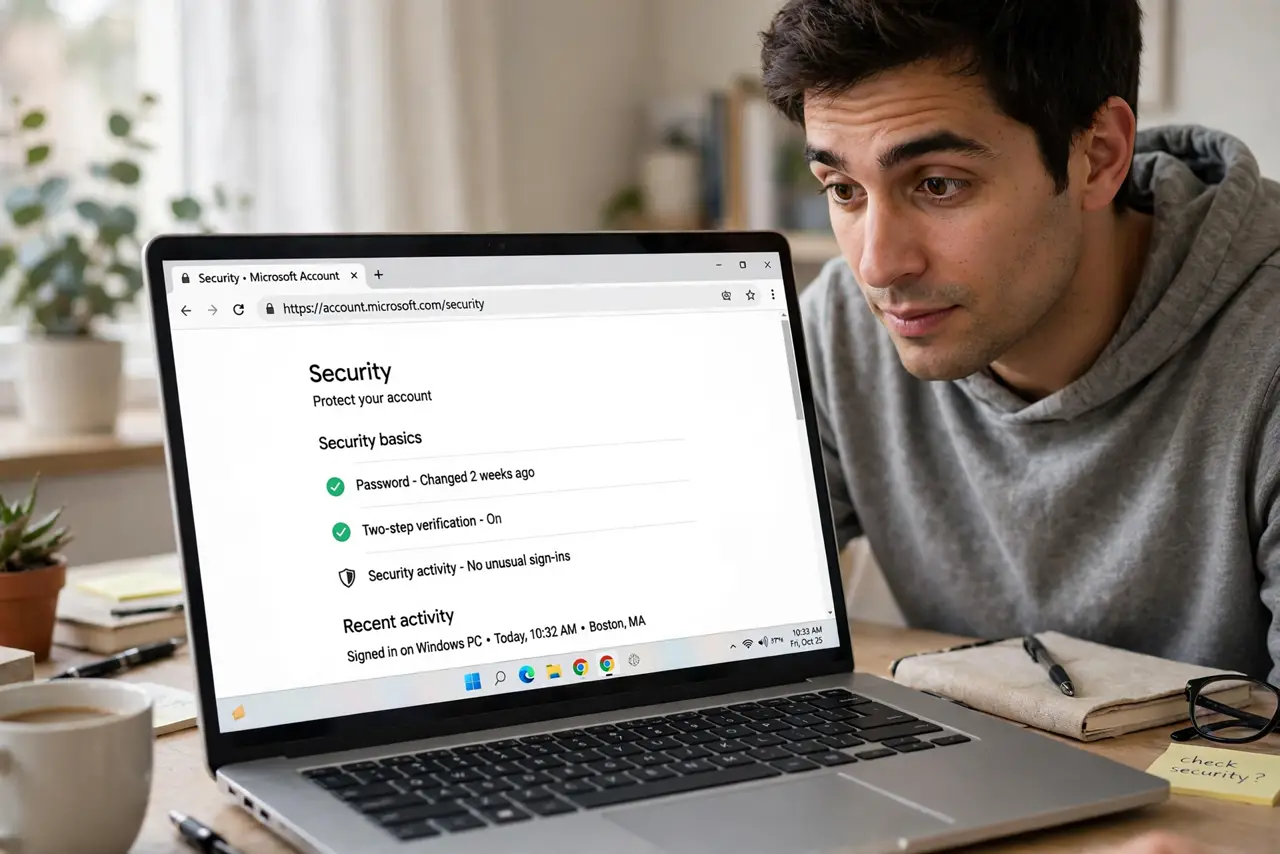 A person looking at a real laptop screen showing a browser with a padlock icon in the address bar, the person's face curious, home desk.