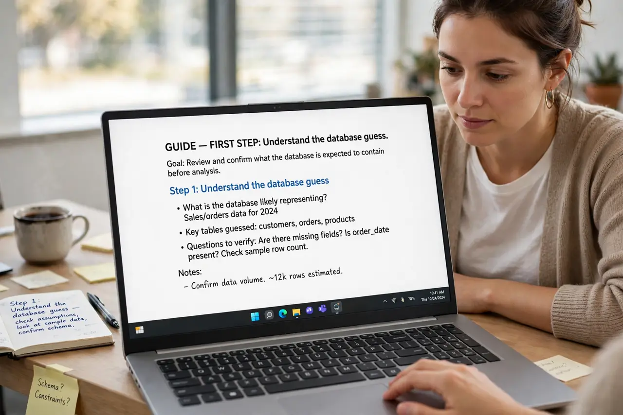 A person doing the guide's first step: Understand the database guess.