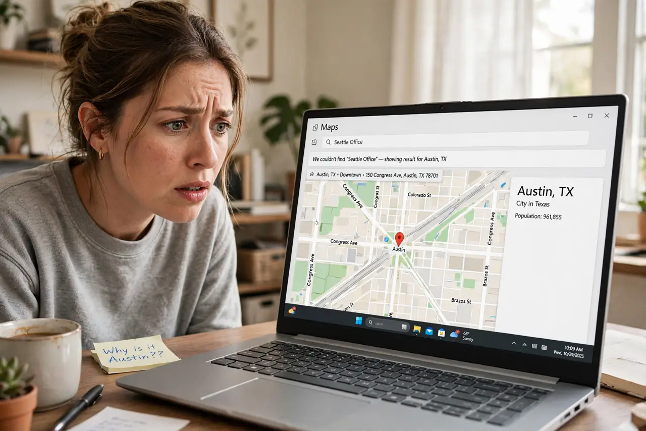 A person looking at a real laptop showing a map with a location pin in the wrong city in legible text, the person's face puzzled, home office.