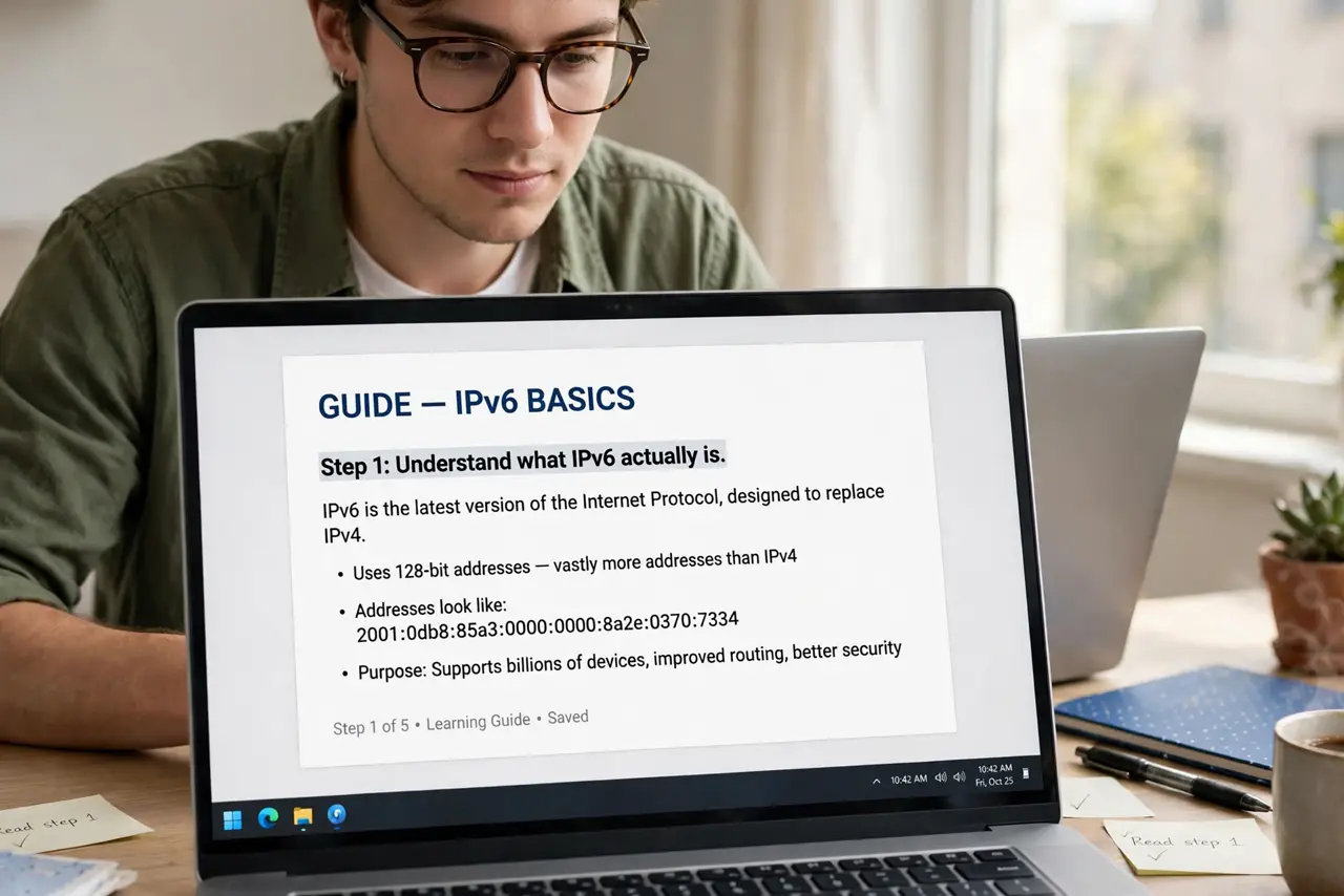 A person doing the guide's first step: Understand what IPv6 actually is.