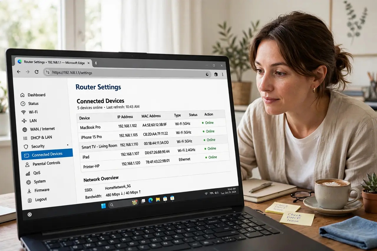 A person sitting at a desk looking at a real laptop screen showing a router settings page with legible menu text, the person's face calm and curious, home office light.