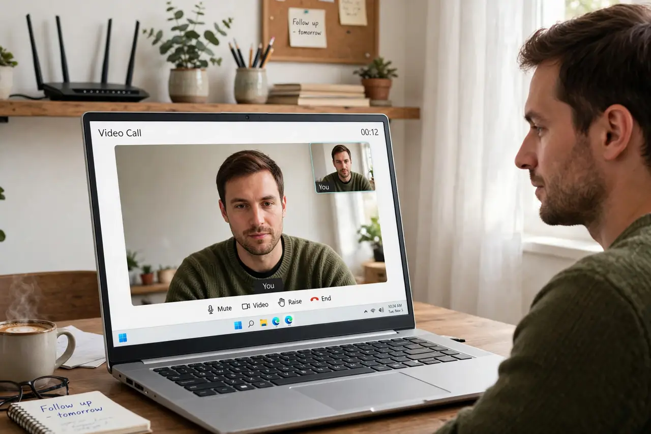 A person on a video call at a laptop, the call window frozen mid-frame with the person's own face patient, home office, router visible on a shelf.