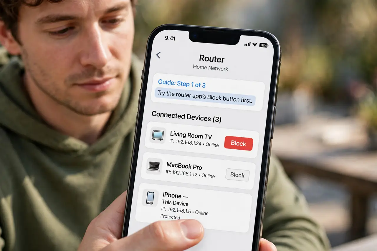 A person doing the guide's first step: Try the router app's block button first.
