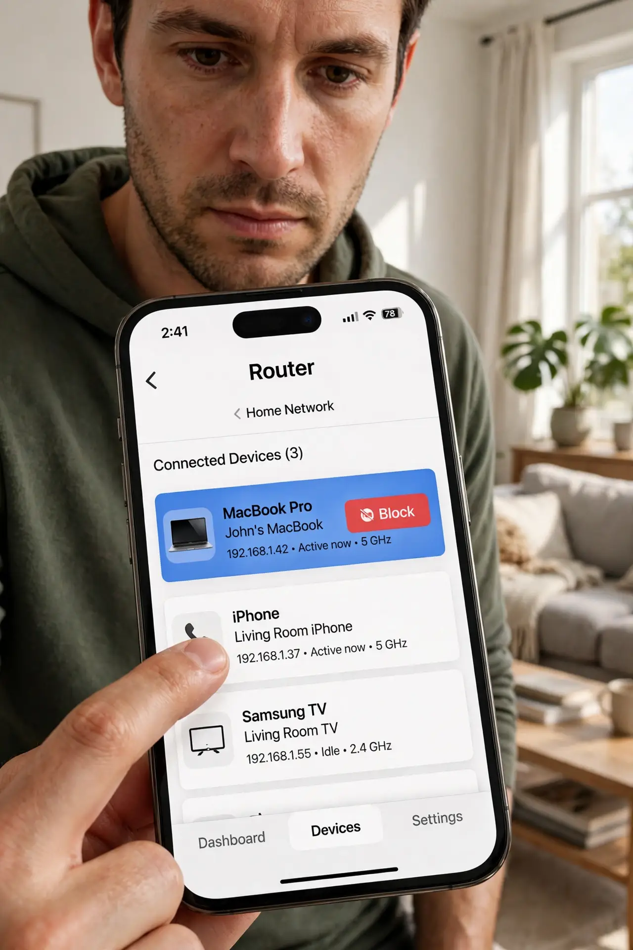A person tapping a real iPhone screen showing a router app with a device highlighted and a block option visible, the person's face firm, living room.