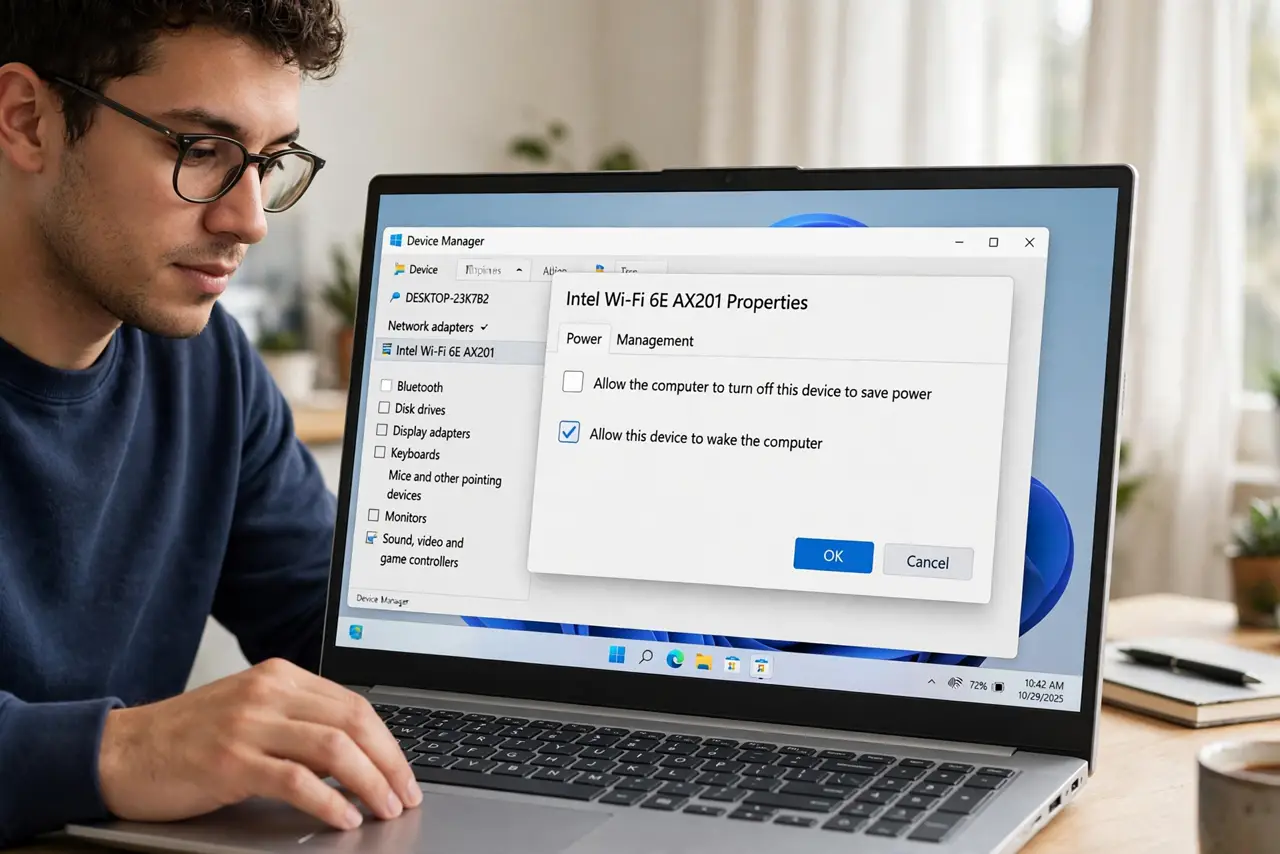 A person doing the guide's first step: Disable Wi-Fi power saving.